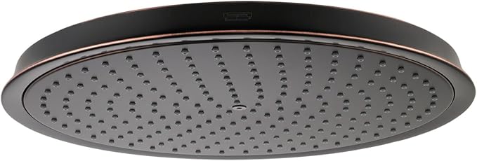 Rubbed bronze round shower head with multiple spray jets and wide flat face.