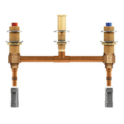 Brass two-handle Roman tub valve with copper piping, red and blue handle caps, and black PEX connectors.