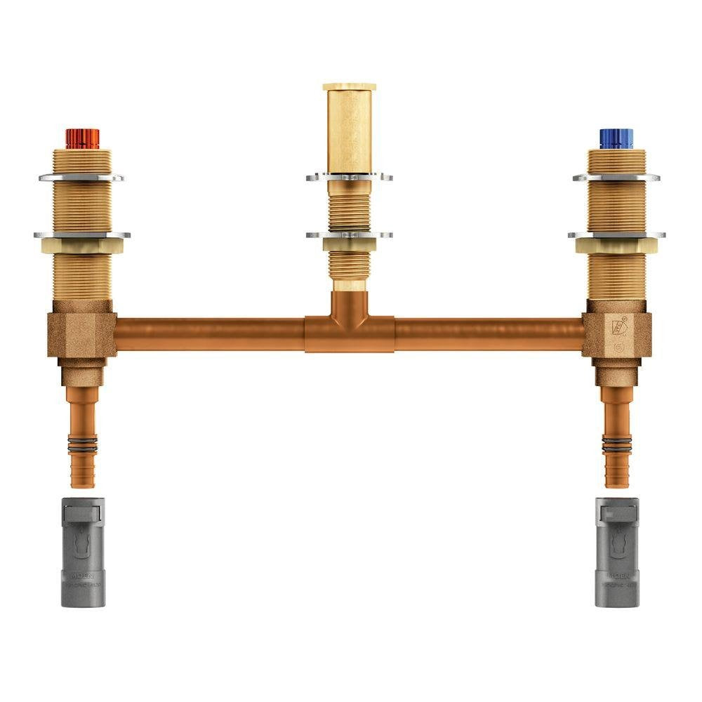 Brass two-handle Roman tub valve with copper piping, red and blue handle caps, and black PEX connectors.