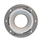 White PVC closet flange with stainless steel ring and mounting holes, top view.