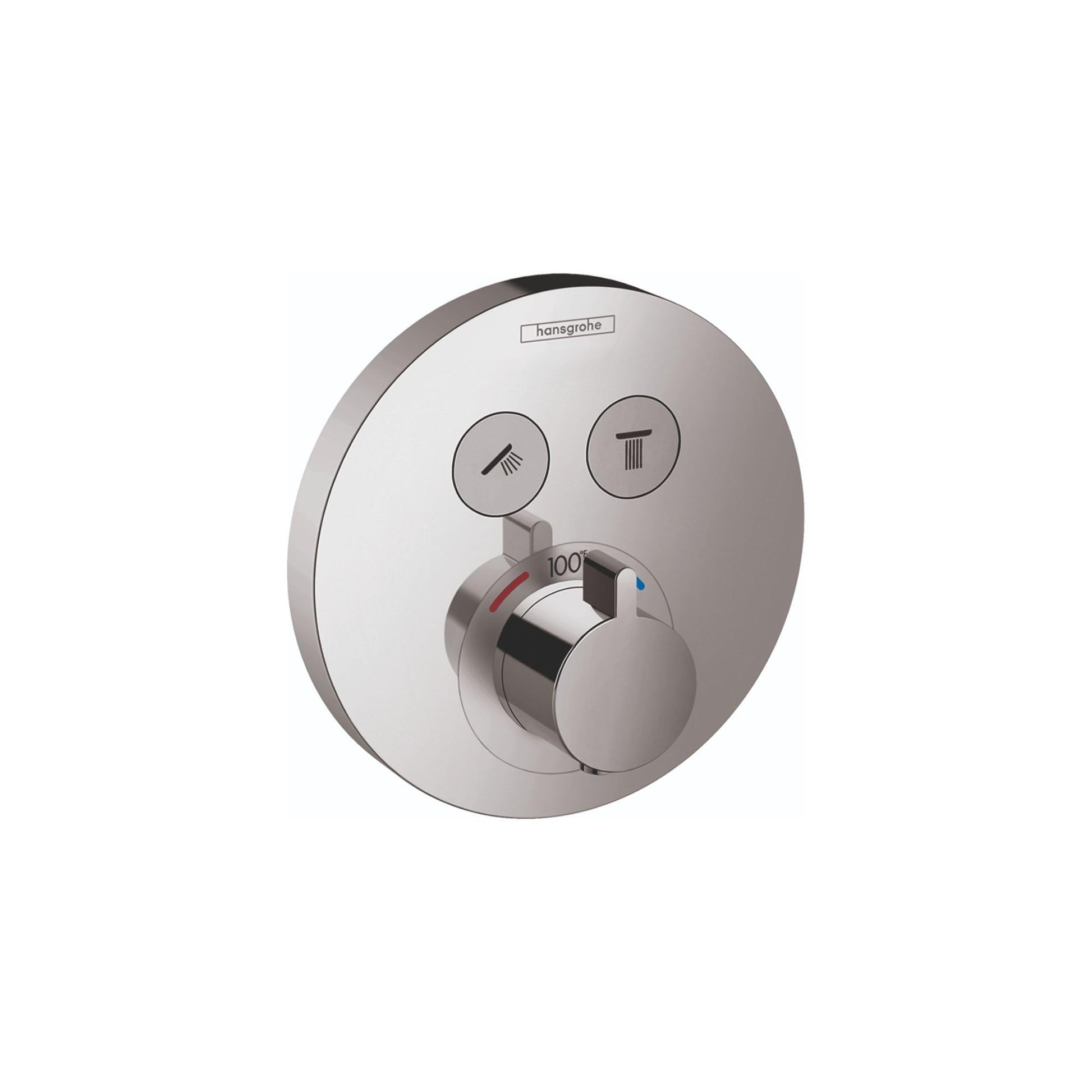 Round chrome thermostatic shower trim with two function buttons and central temperature control dial.