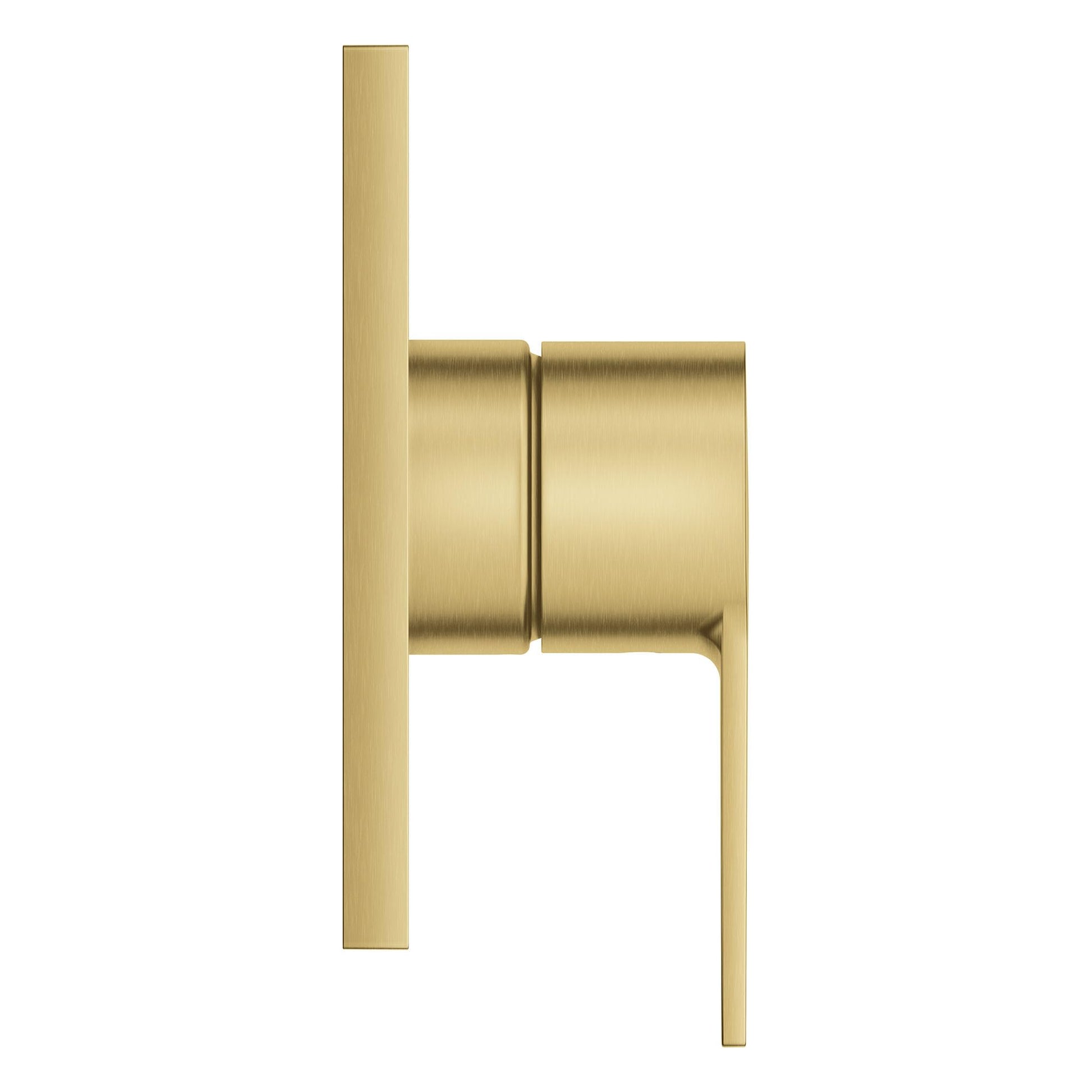 Brushed gold single-lever shower valve trim with cylindrical handle and cartridge housing.