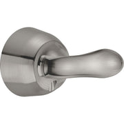 Stainless steel lever handle with round escutcheon plate and brushed metallic finish.