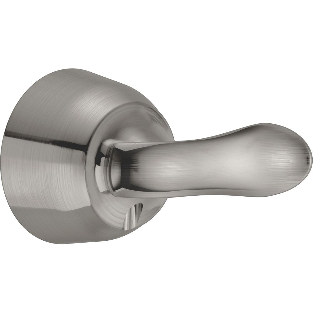 Stainless steel lever handle with round escutcheon plate and brushed metallic finish.