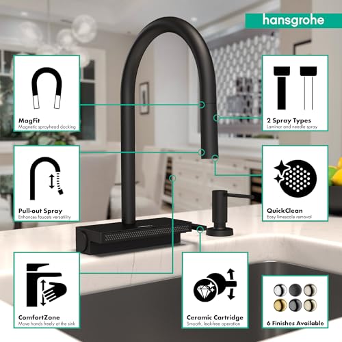 Matte black high-arc kitchen faucet with pull-down sprayer, magnetic dock, and pull-out spray function.
