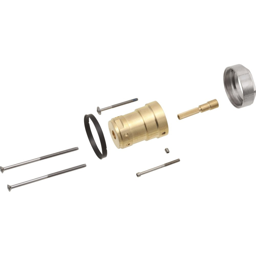 Brass valve cartridge assembly with metal fasteners, rubber seal, and chrome nut components displayed in exploded view.