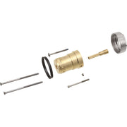 Brass valve cartridge assembly with metal fasteners, rubber seal, and chrome nut components displayed in exploded view.
