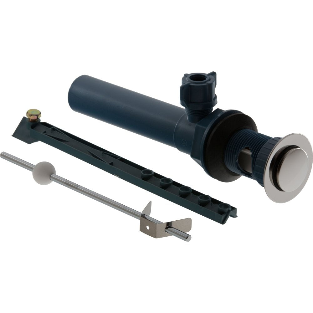 Chrome finish plastic pop-up drain assembly with black components and metal rod, shown disassembled.