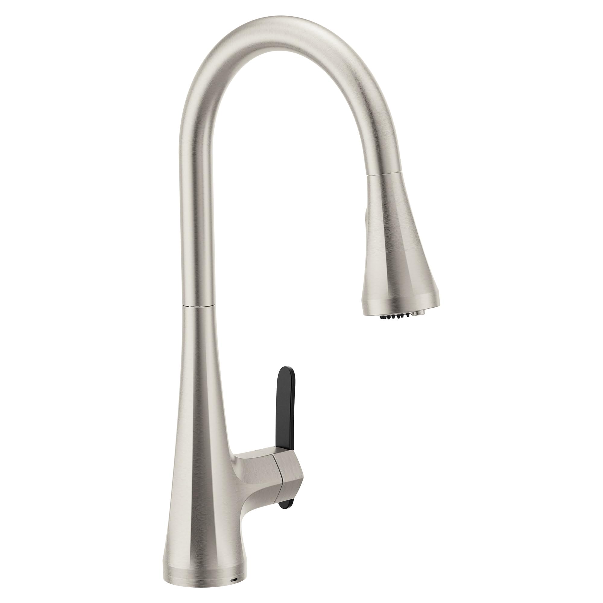 Stainless steel pulldown kitchen faucet with single black handle and curved spout in spot resist finish.