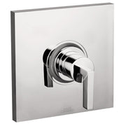 Chrome pressure balance shower trim with rectangular escutcheon plate and single lever handle.