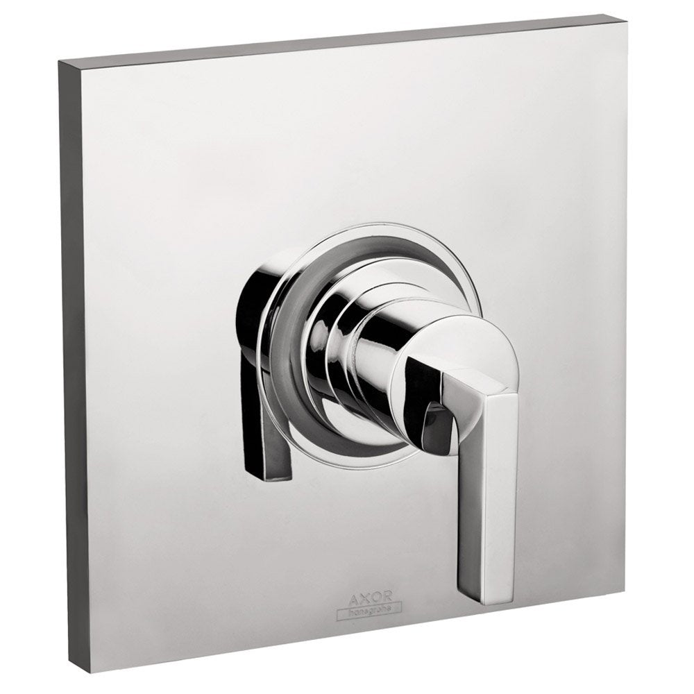 Chrome pressure balance shower trim with rectangular escutcheon plate and single lever handle.