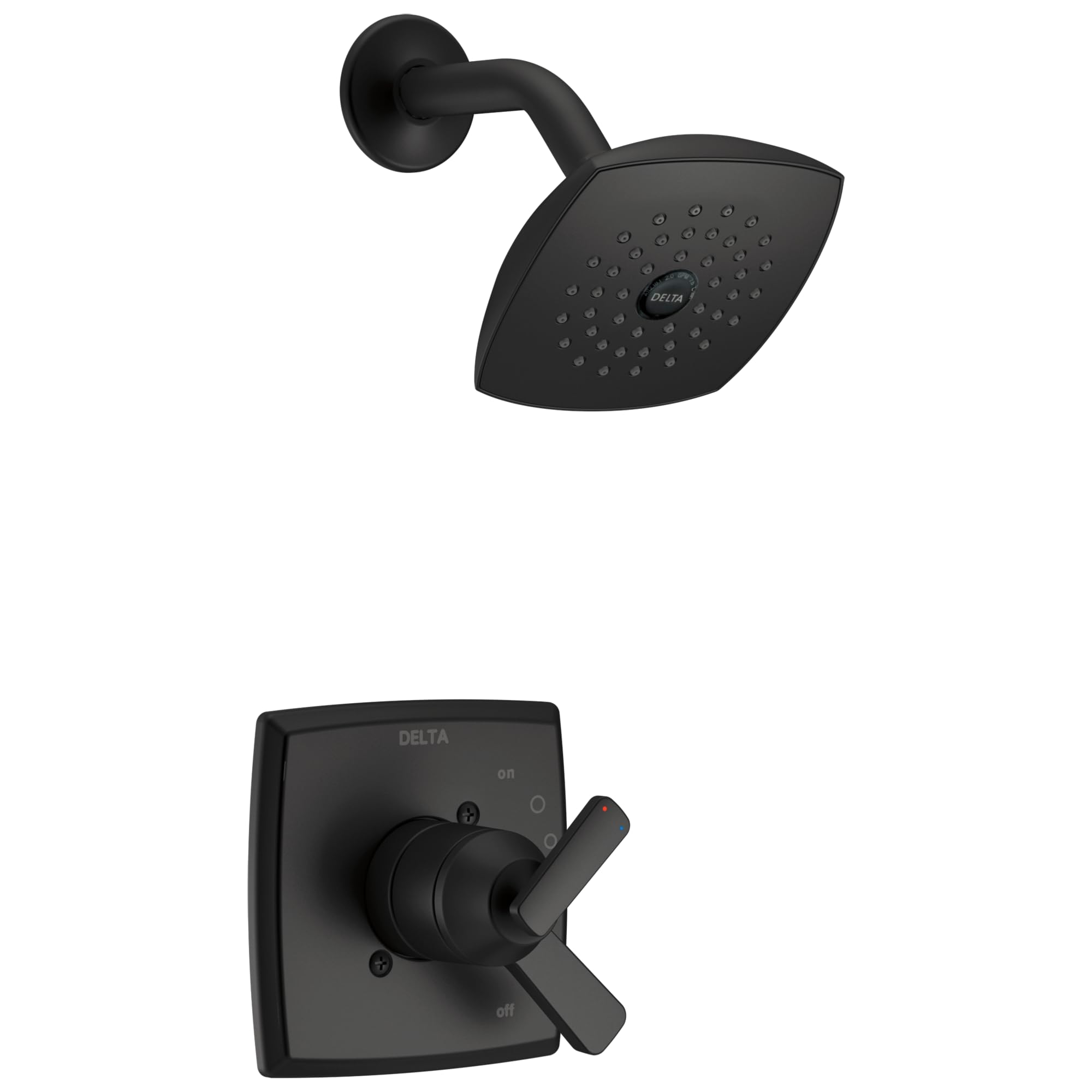 Black Delta shower trim with square showerhead and wall-mounted control valve with lever handle.