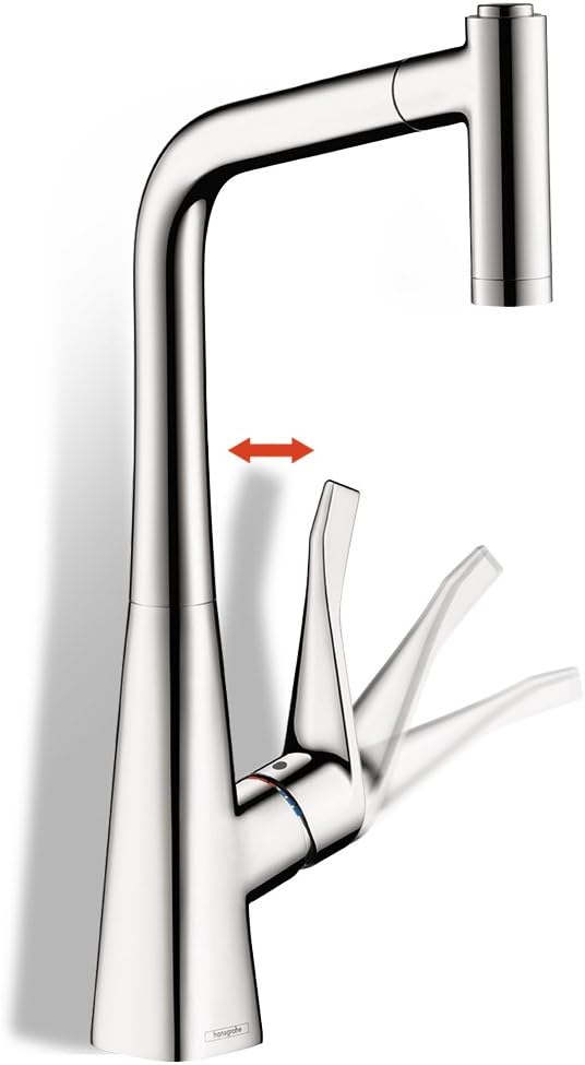 Hansgrohe Metris steel kitchen faucet with high-arc spout, single lever handle, and pull-out spray function.