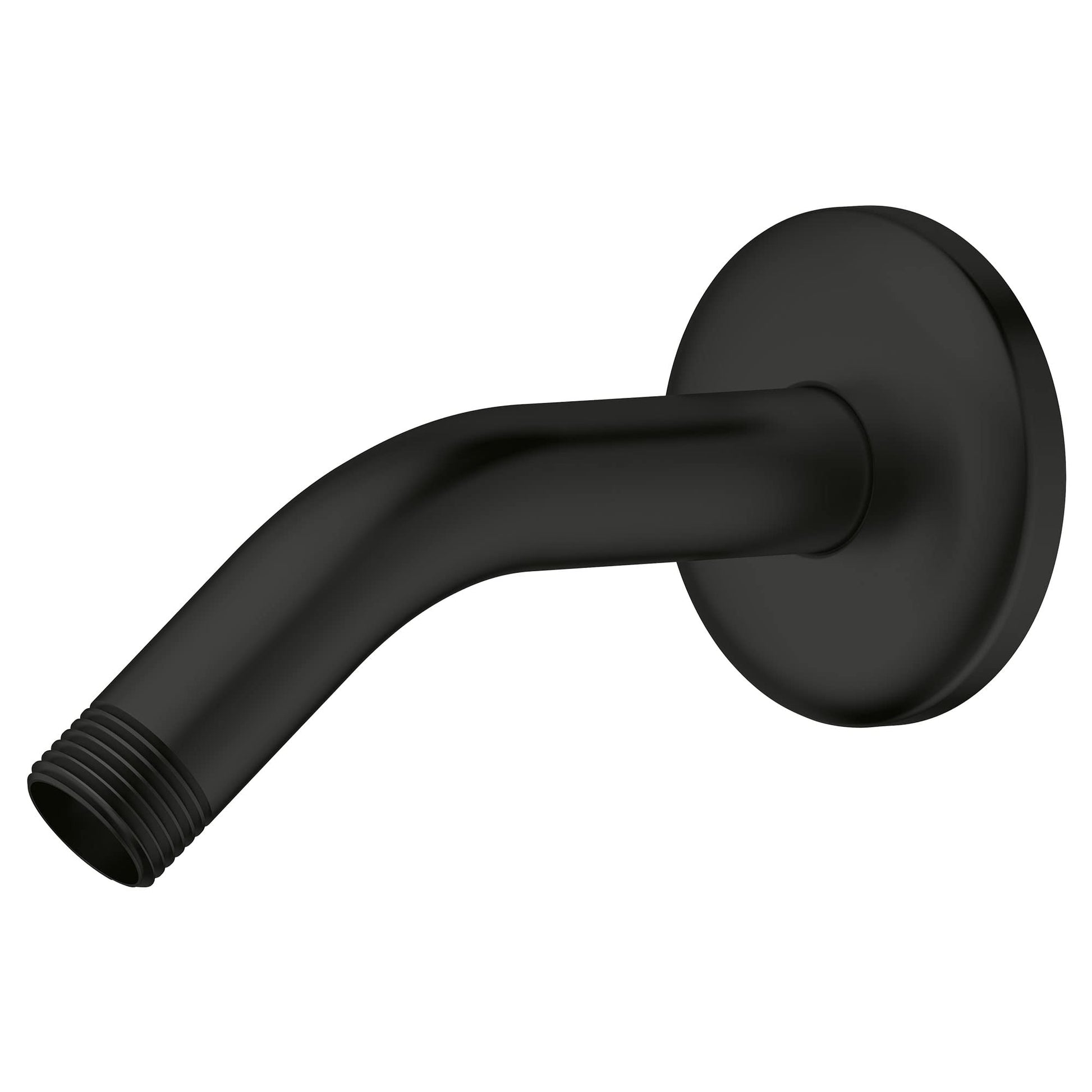 Matte black curved shower arm with wall-mounted circular flange and threaded connection end.