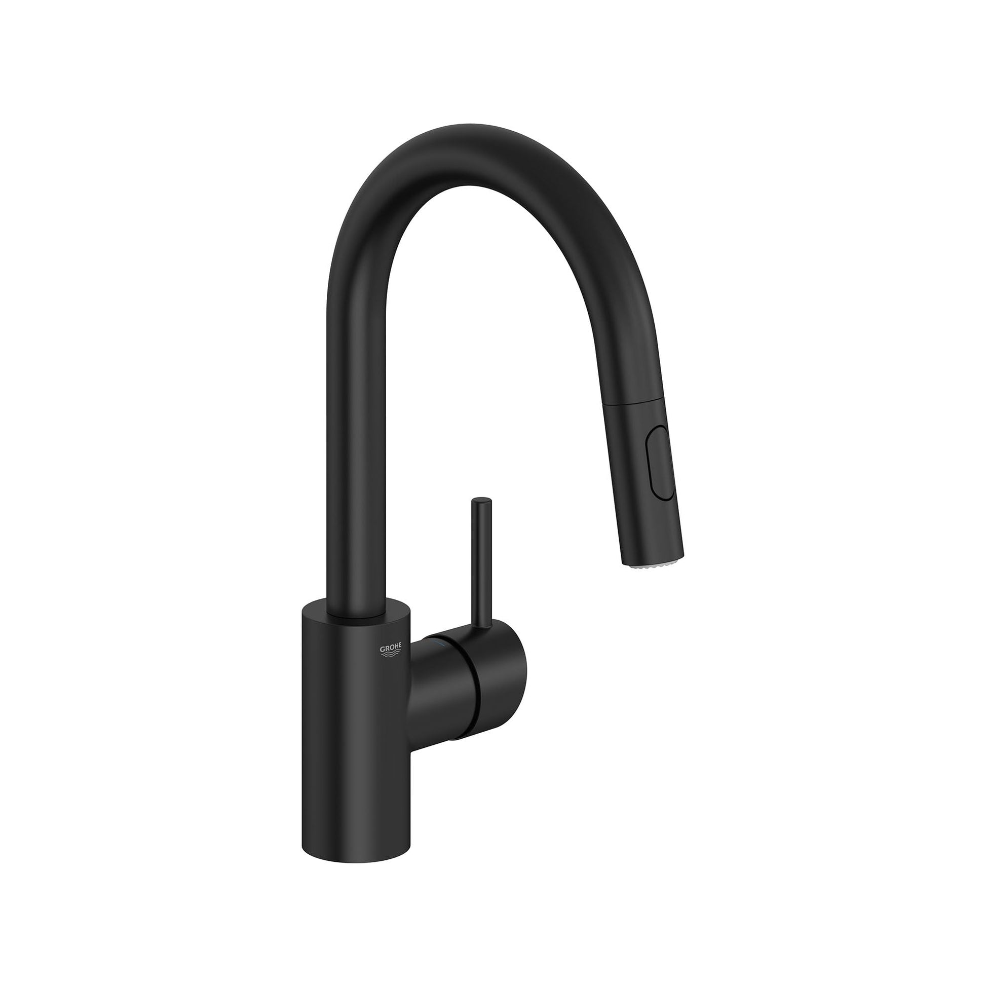 Matte black single-handle pull-down bar faucet with curved spout and side control lever.