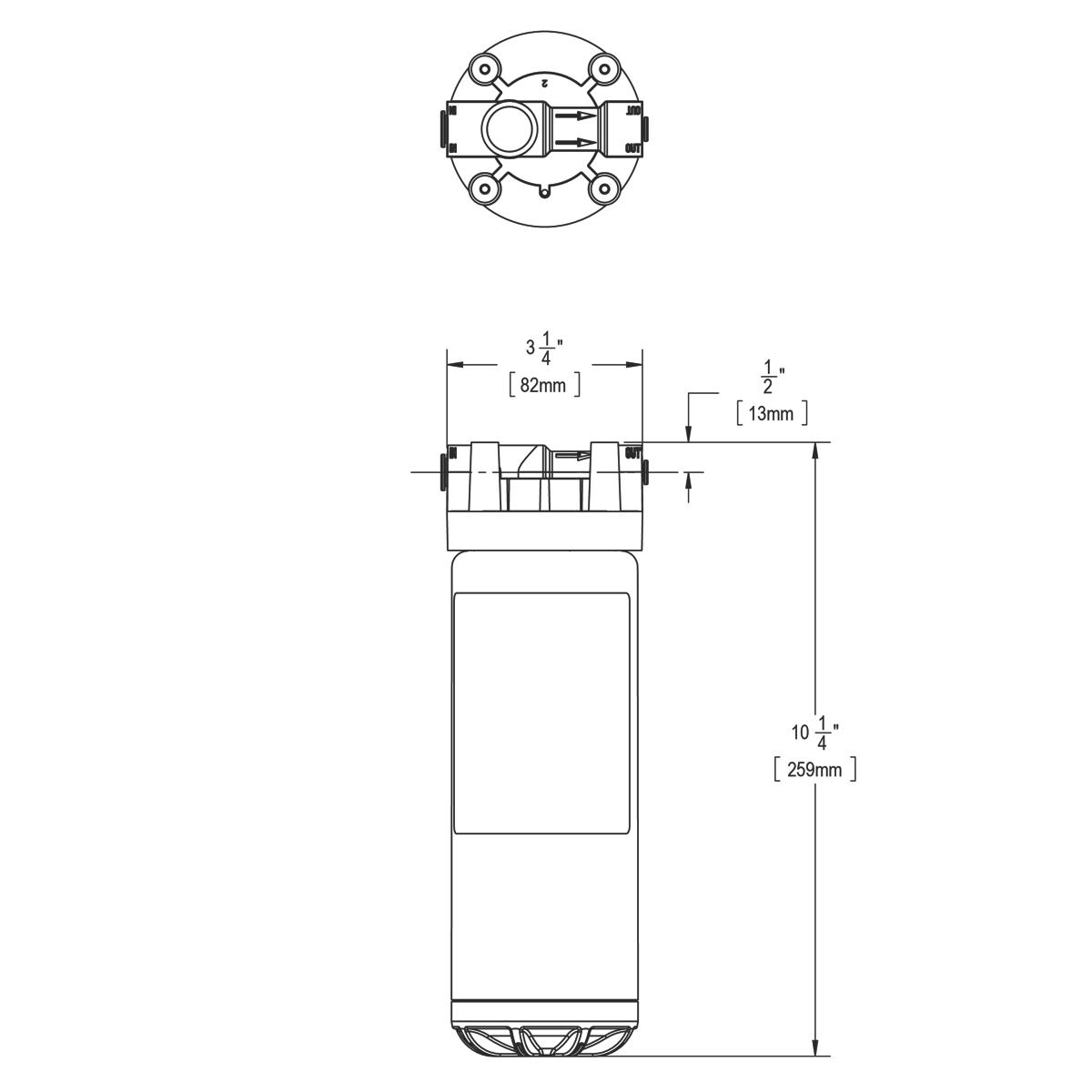 Technical diagram of cylindrical water filter cartridge with mounting bracket and dimensions labeled in inches and millimeter