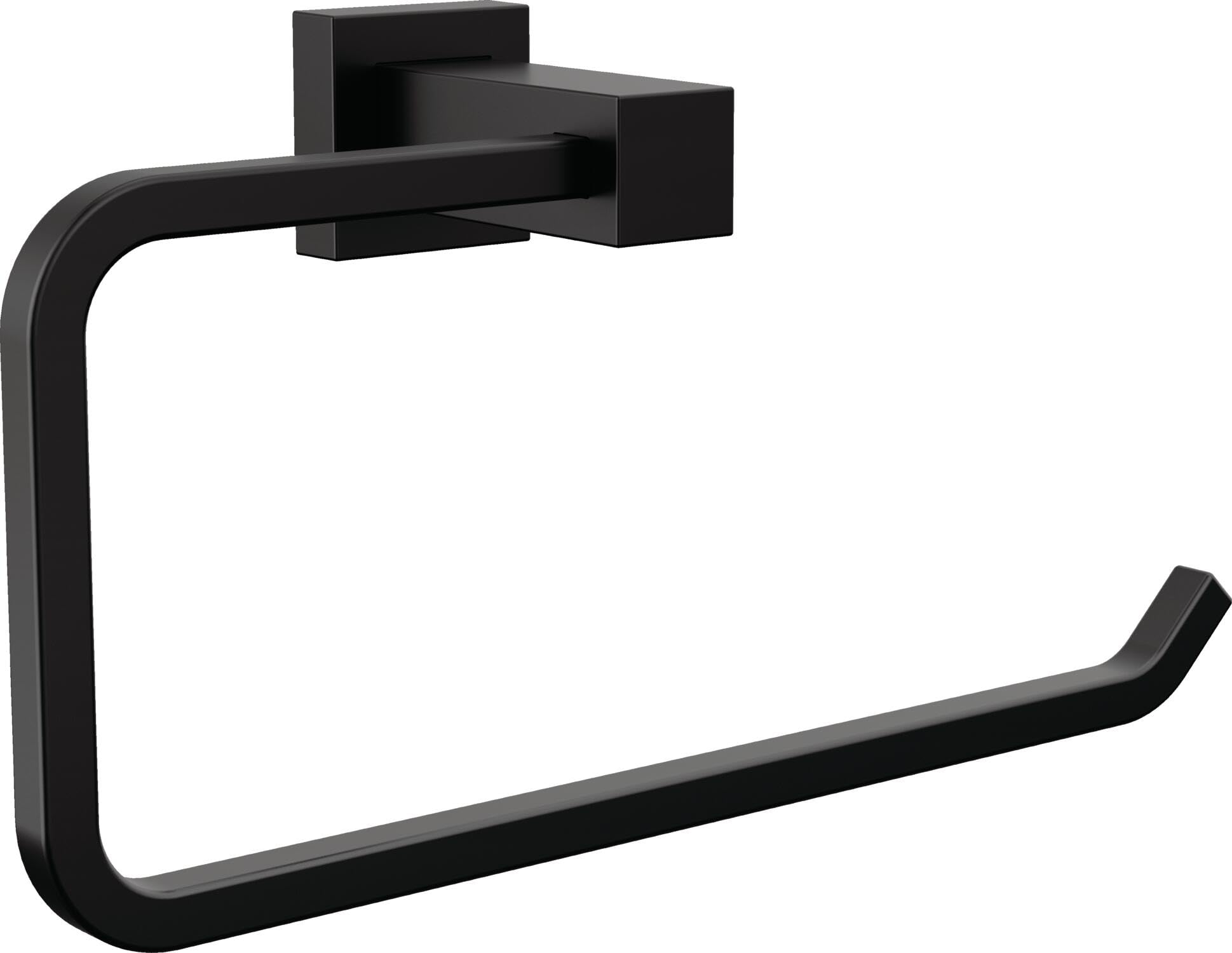 Matte black towel ring with curved handle and rectangular wall-mounted bracket.
