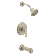 Brushed nickel shower faucet set with showerhead, lever handle, and tub spout.