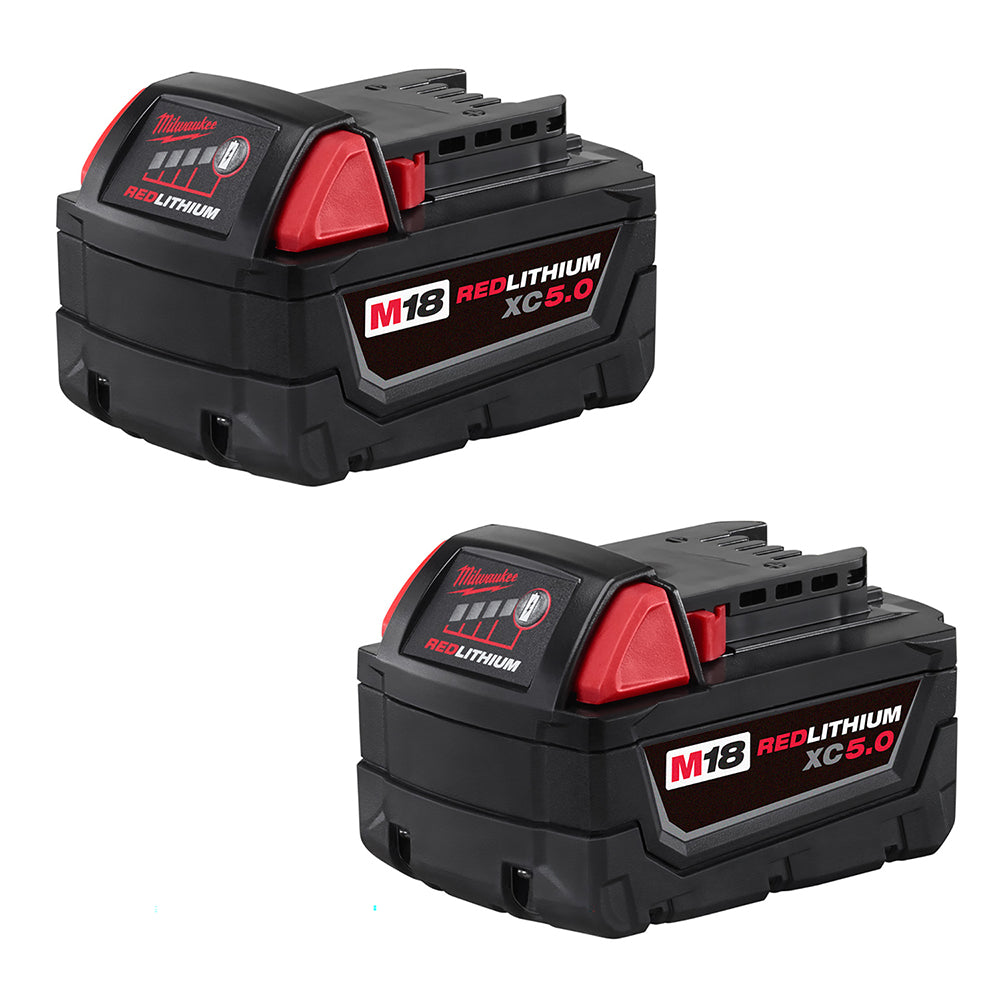 Two Milwaukee M18 REDLITHIUM XC5.0 battery packs with red indicator lights and black plastic housing.