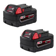 Two Milwaukee M18 REDLITHIUM XC5.0 battery packs with red indicator lights and black plastic housing.