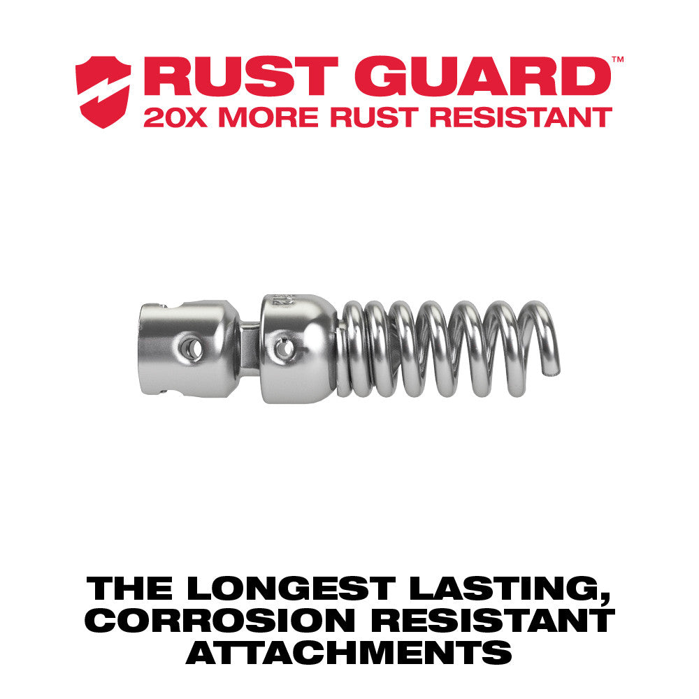 Metal drop head auger attachment with coiled spring cable section, silver finish.