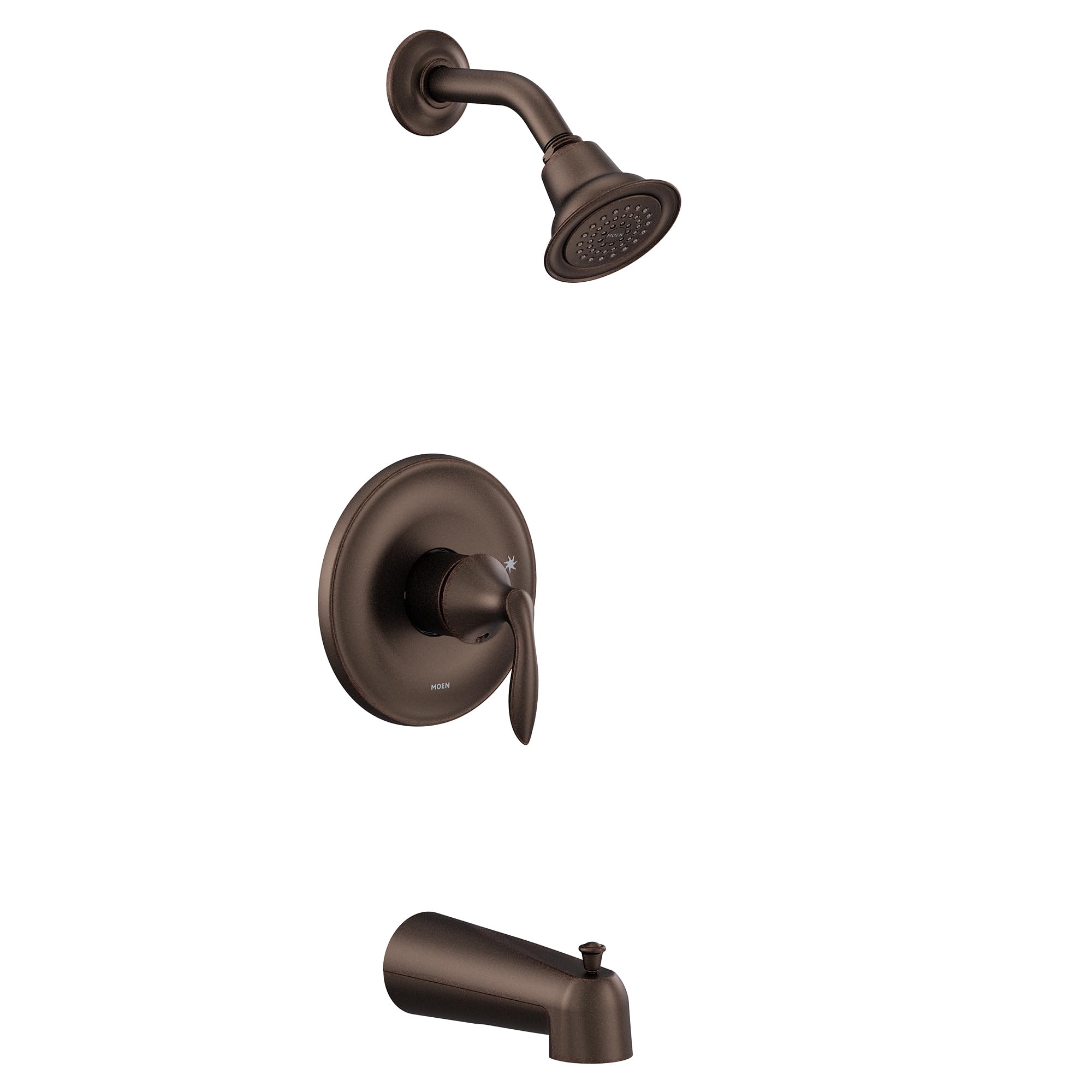 Oil rubbed bronze tub and shower trim kit with single lever handle, showerhead, and tub spout.