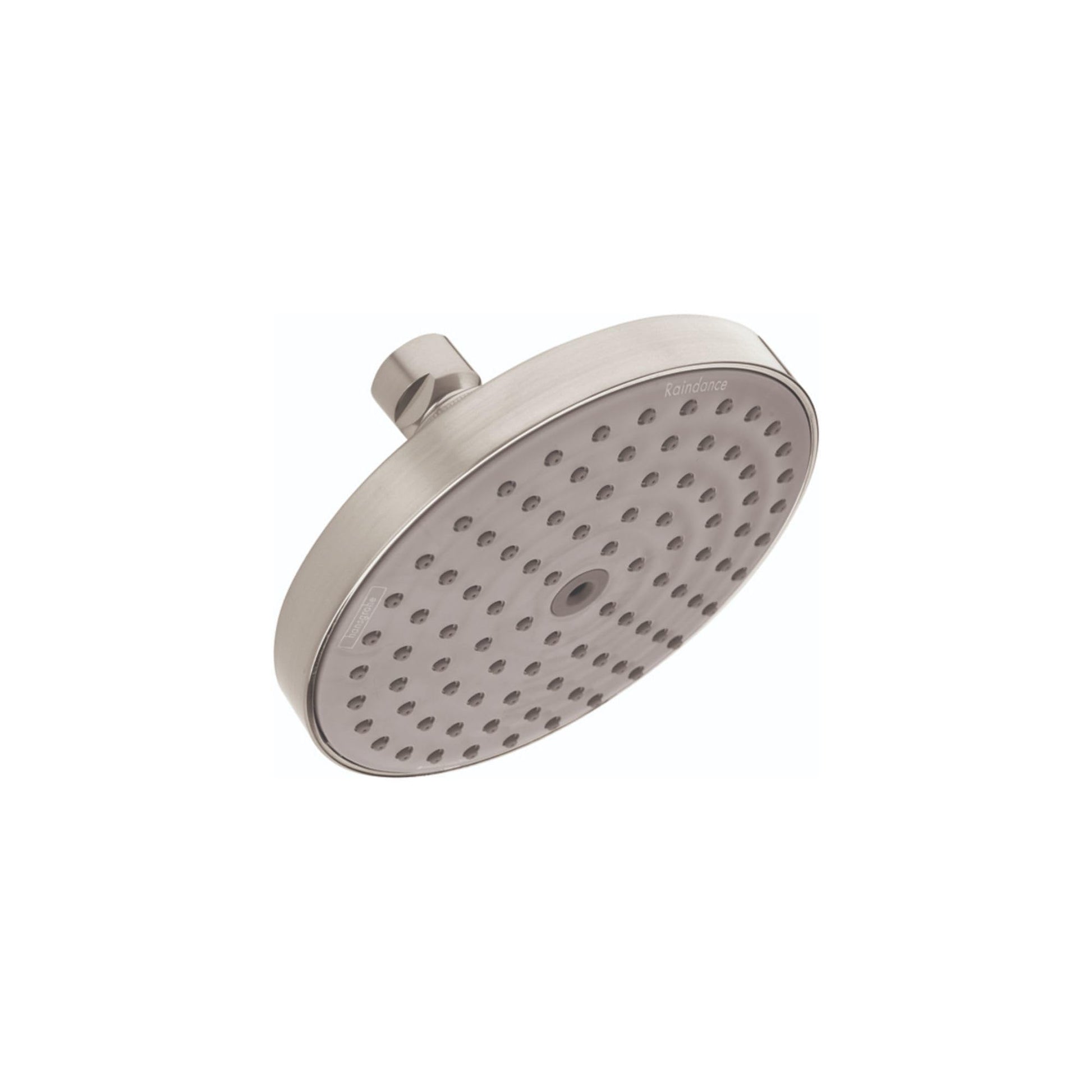 Brushed nickel round shower head with multiple spray holes and angled mounting arm.