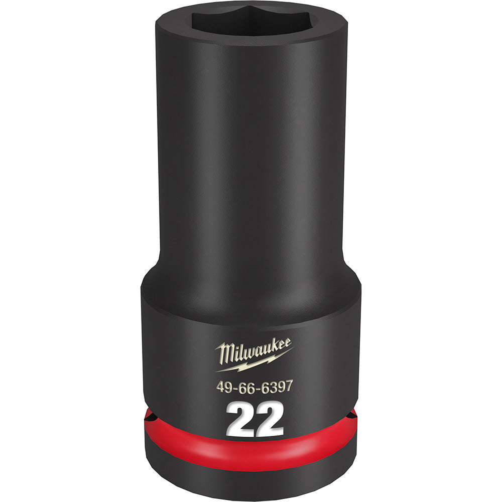 Black 3/4" drive deep socket with 22MM hexagonal opening and red grip band around base.