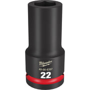 Black 3/4" drive deep socket with 22MM hexagonal opening and red grip band around base.