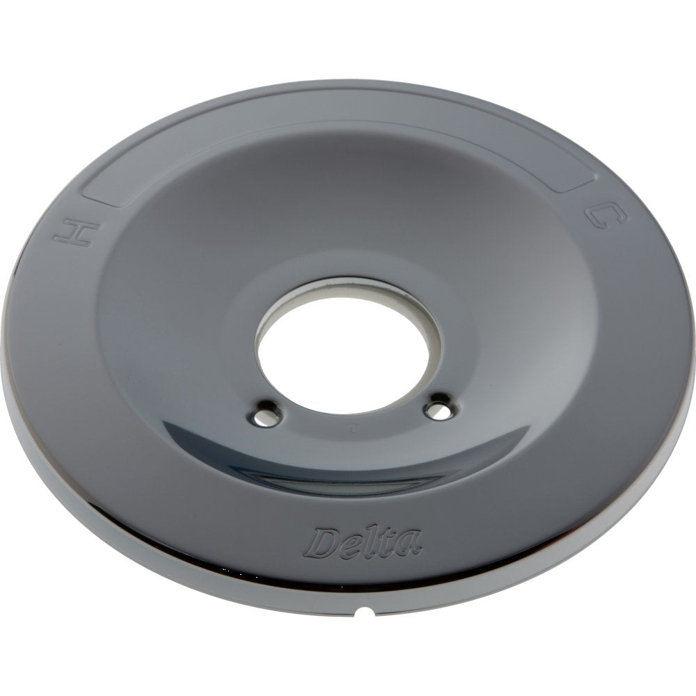 Chrome finish round escutcheon plate with central opening and two mounting holes for tub and shower valve.