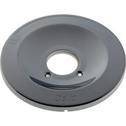 Chrome finish round escutcheon plate with central opening and two mounting holes for tub and shower valve.