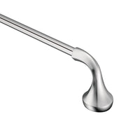 Chrome towel bar with curved end bracket and cylindrical rod extending horizontally.