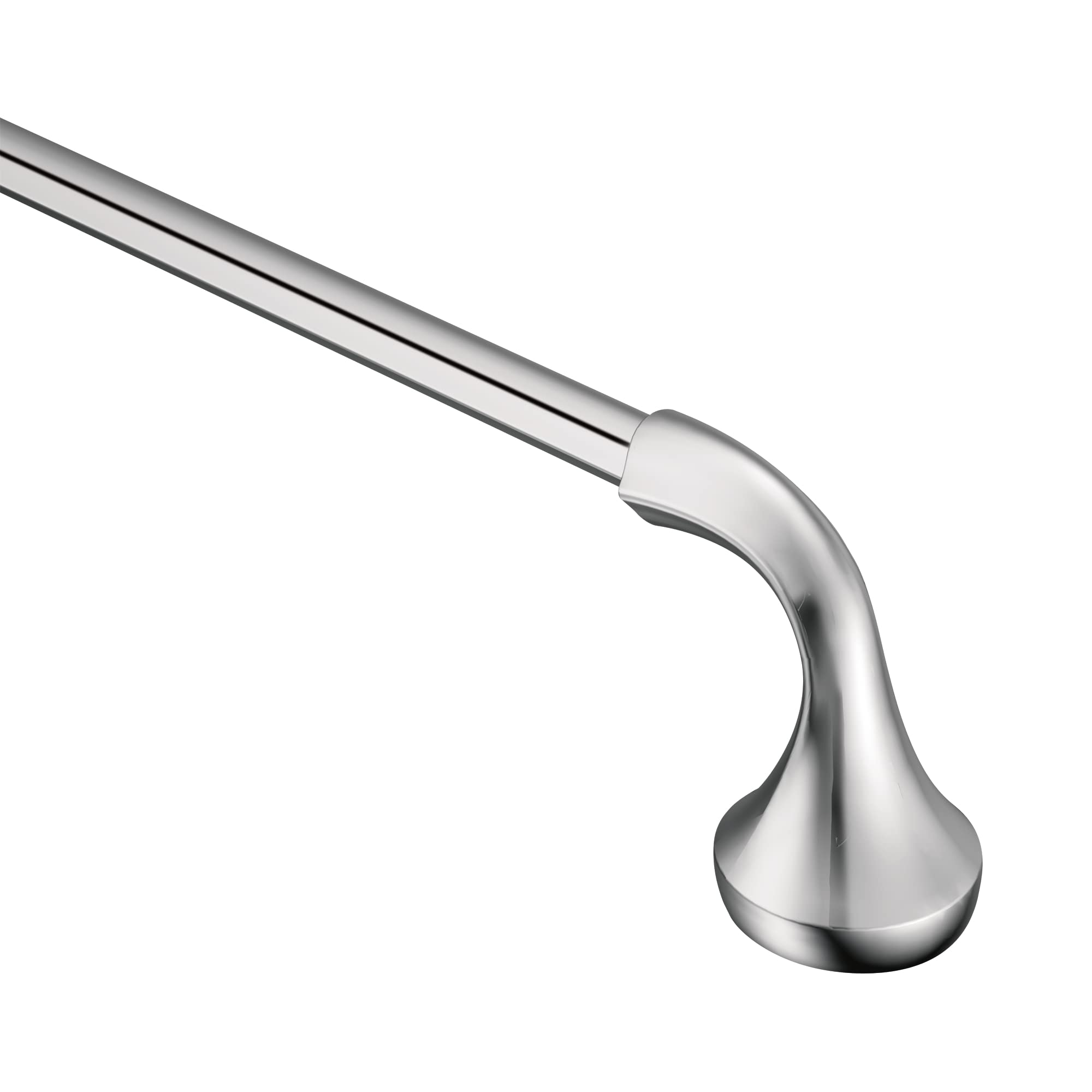 Chrome towel bar with curved end bracket and cylindrical rod extending horizontally.