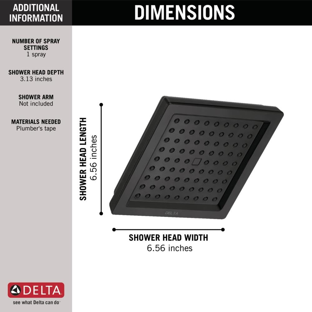 Matte black square raincan shower head with grid pattern spray holes, 6.56 inches wide.