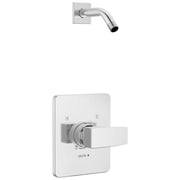 Chrome shower trim with square wall plate, lever handle, and curved arm spout without showerhead.