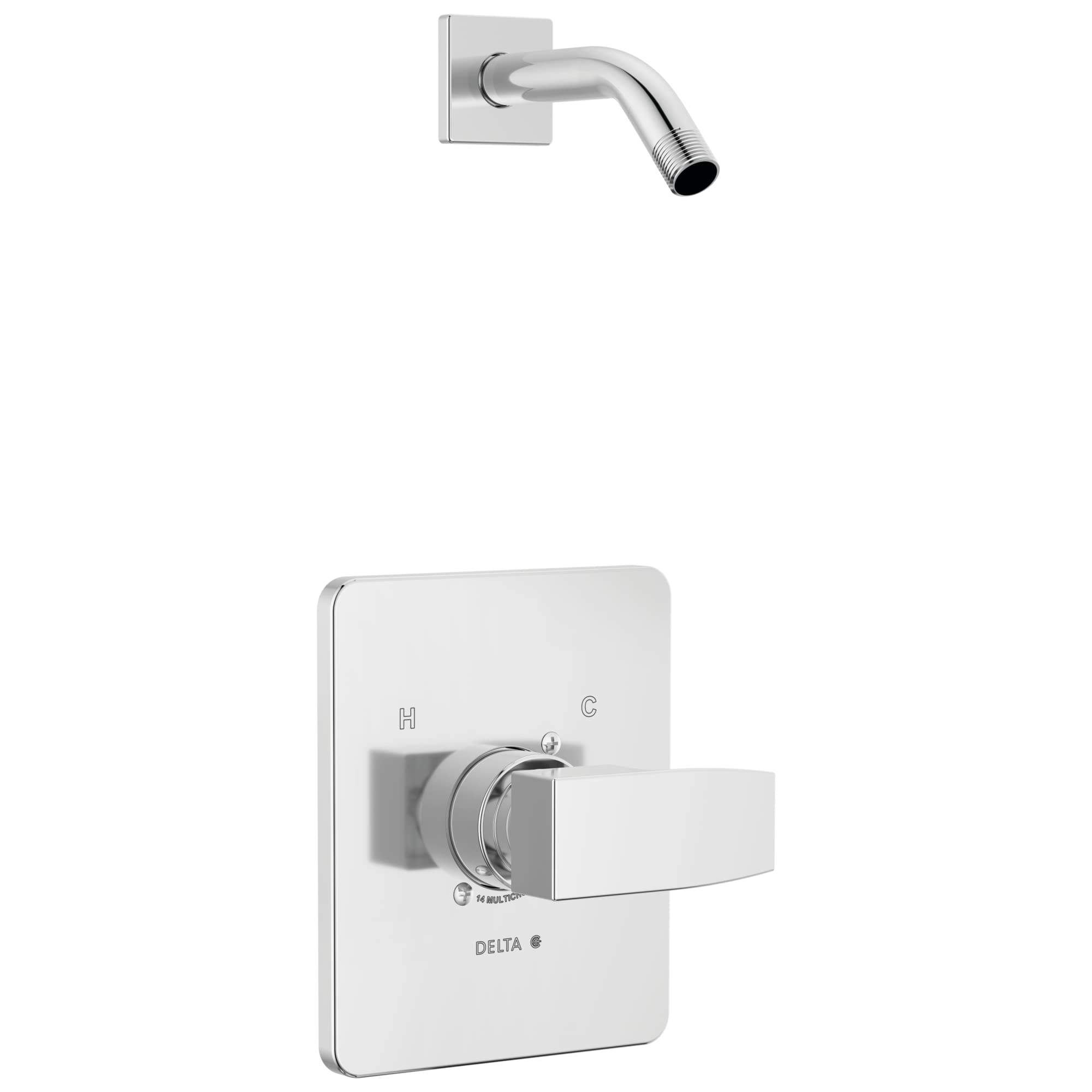 Chrome shower trim with square wall plate, lever handle, and curved arm spout without showerhead.