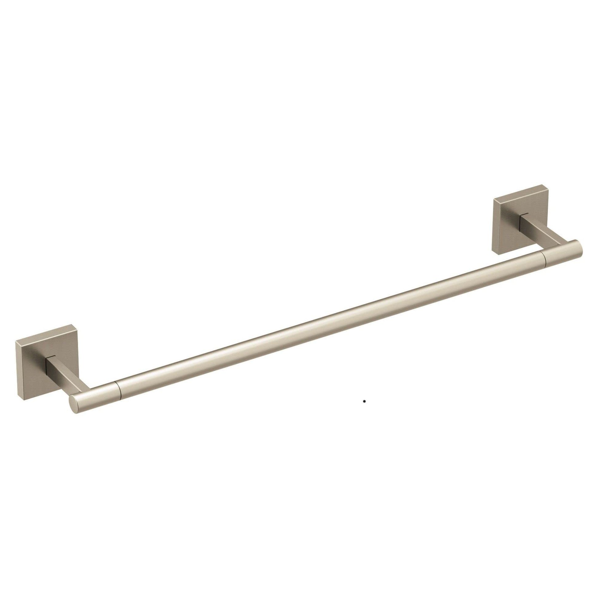 Brushed nickel towel bar with square mounting brackets on each end.