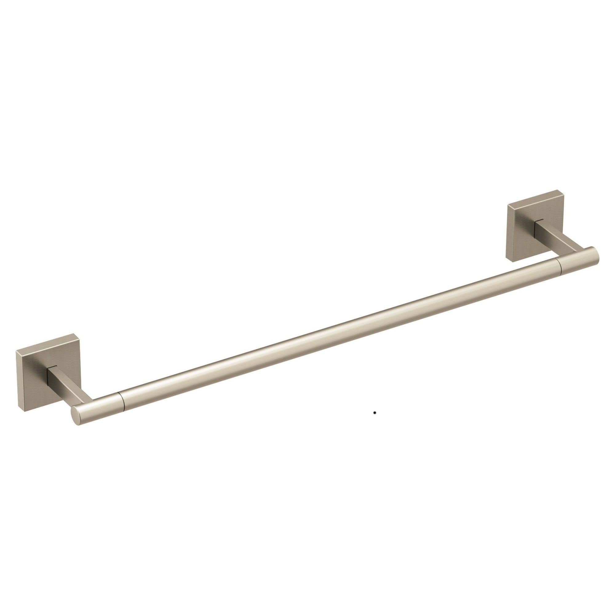 Brushed nickel towel bar with square mounting brackets on each end.
