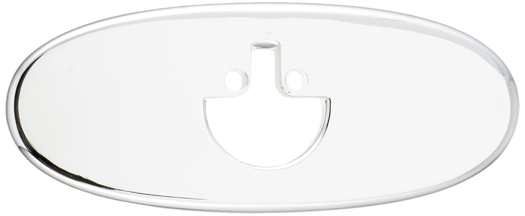 Chrome finish escutcheon with gasket and mounting holes for bathroom faucet installation.