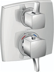 Chrome square thermostatic shower trim with upper volume control lever and lower temperature dial with diverter function.