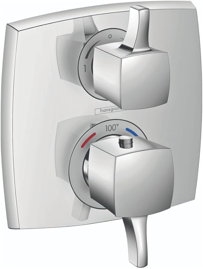 Chrome square thermostatic shower trim with upper volume control lever and lower temperature dial with diverter function.