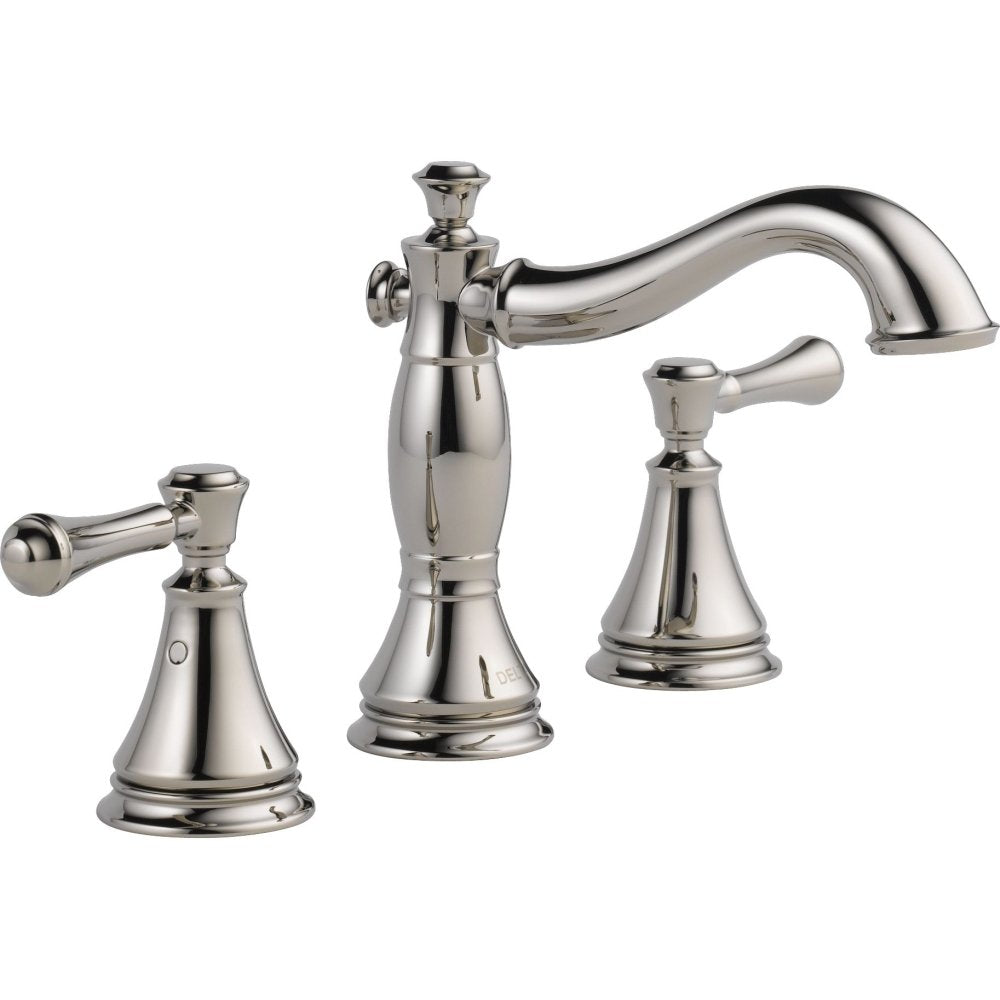 Polished chrome widespread bathroom faucet with two lever handles, curved spout, and decorative pedestal base.
