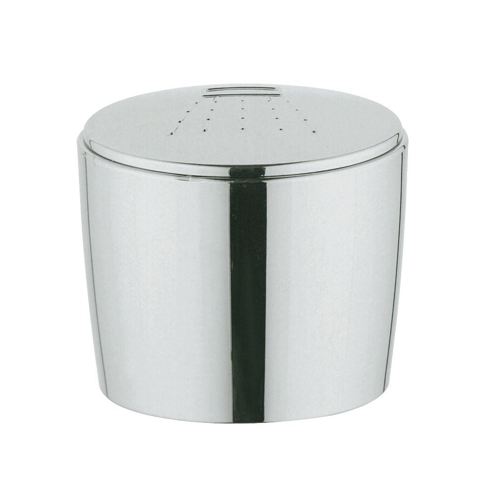 Chrome cylindrical diverter knob with black stripe and perforated spray face on top.