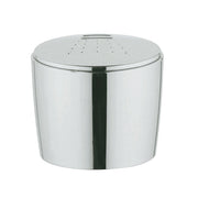 Chrome cylindrical diverter knob with black stripe and perforated spray face on top.