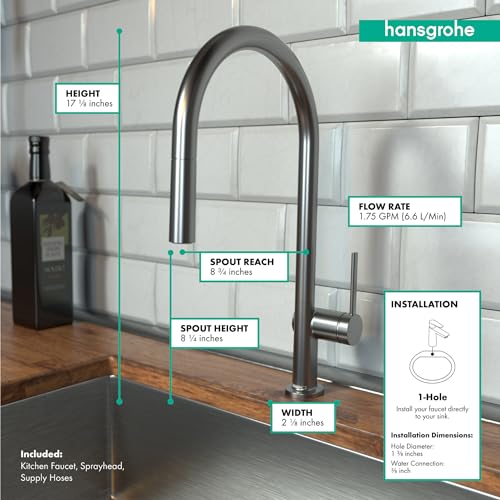 Brushed black chrome high-arc kitchen faucet with pull-down spray head mounted on wooden countertop against white subway tile
