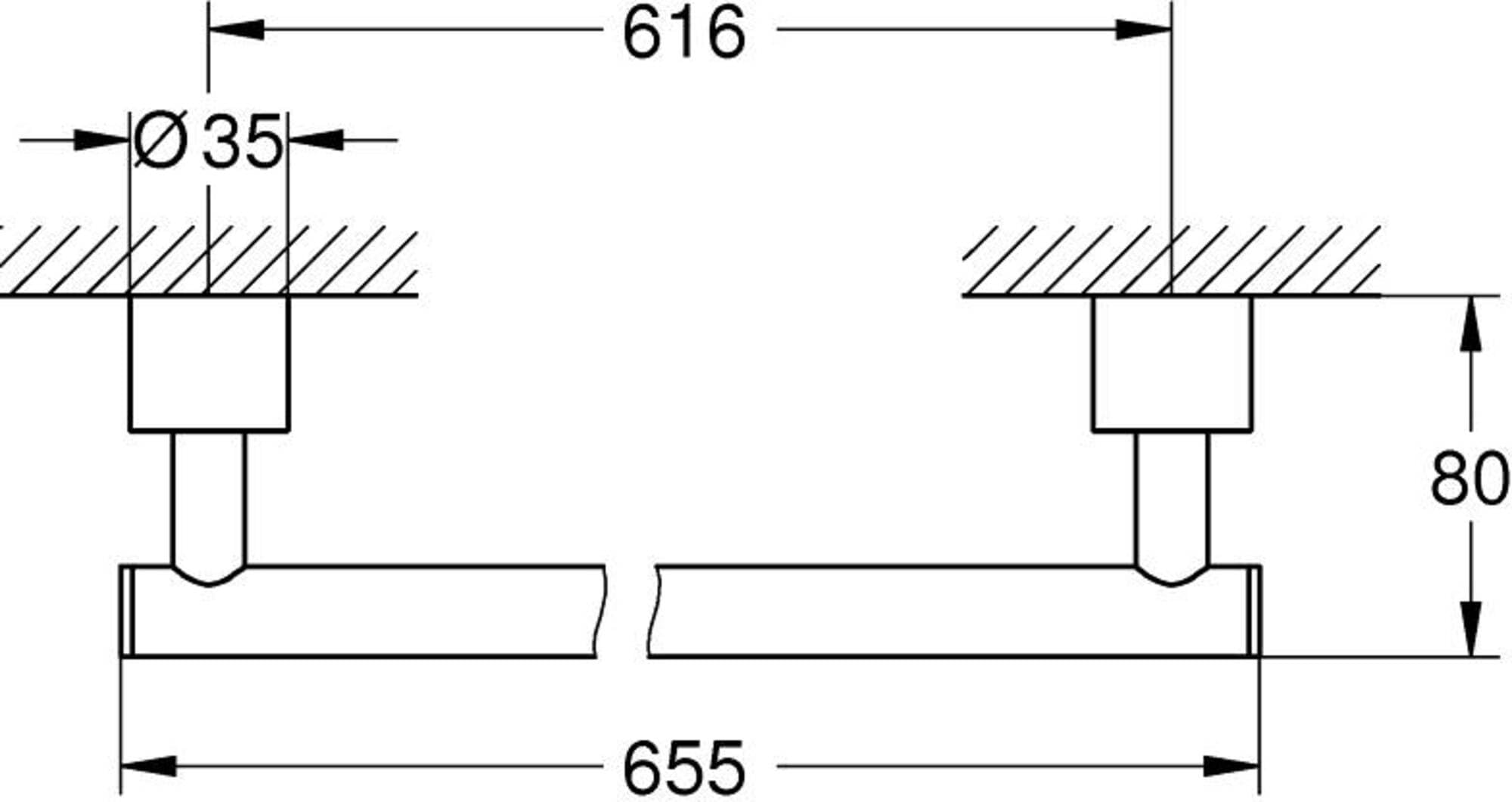 Technical schematic showing 24" chrome towel rail with 616mm width, 80mm height, and wall-mounted installation points.