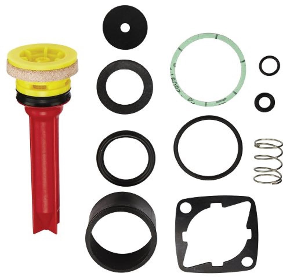 Set of Grohe repair seals including rubber rings, gaskets, spring, and cartridge parts in black, red, yellow, and green.