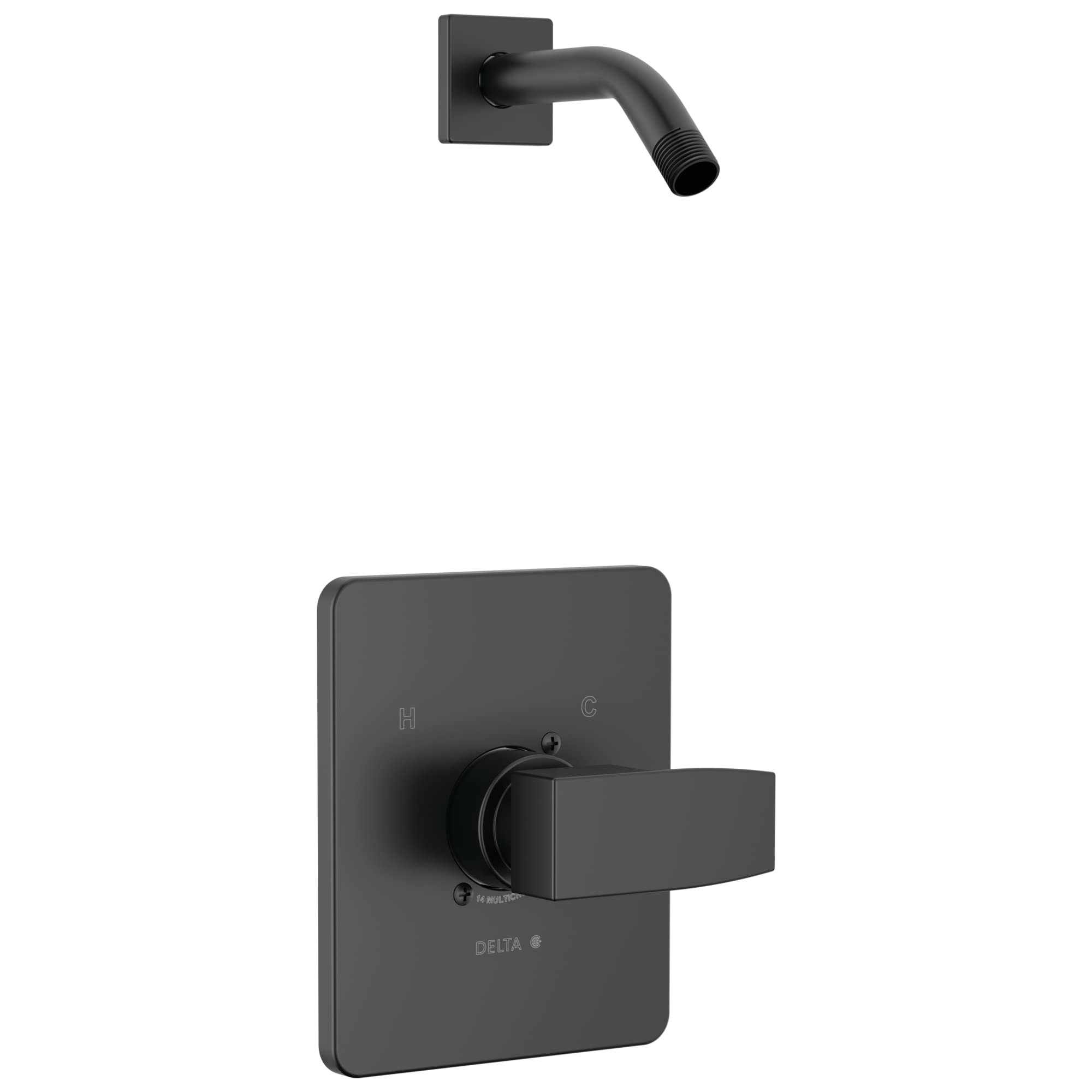 Matte black square shower trim with wall-mounted control handle and curved shower arm without showerhead.