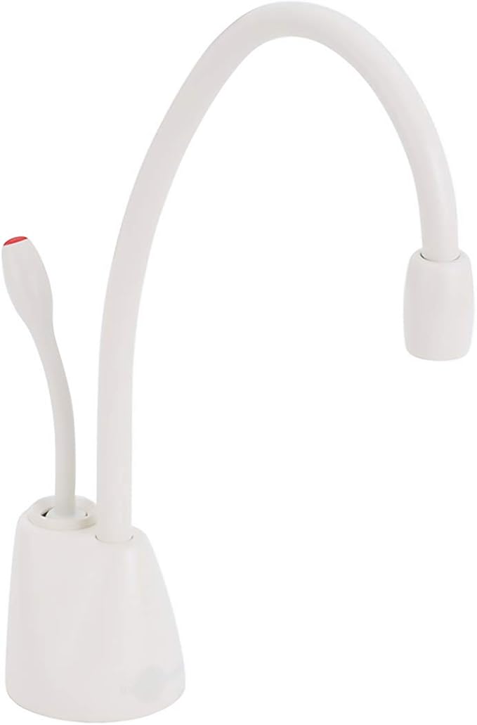 Biscuit-colored instant hot water dispenser faucet with curved spout and control handle on rounded base.