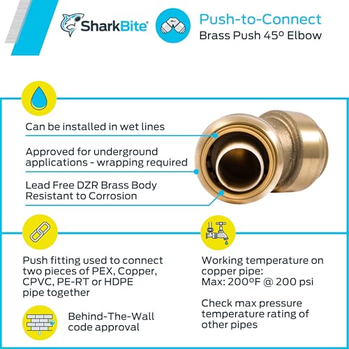 Brass 45-degree elbow push-to-connect fitting, 3/4" ports, lead-free with corrosion-resistant body.